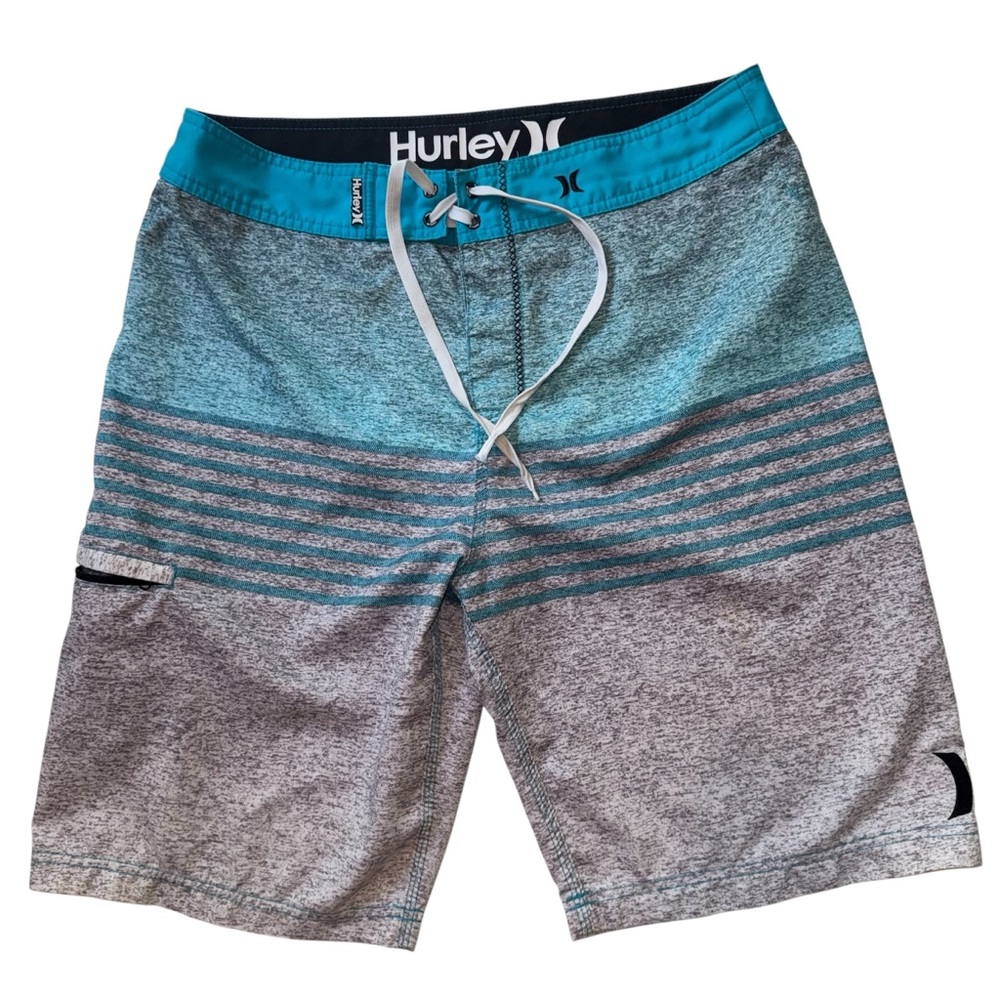 Hurley Phantom Board Shorts‎ Size 34 Gray Blue Striped Swim Surf